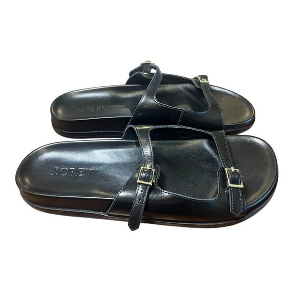 J Crew Leather Sandal 10 Black Metal Buckle Slip On Preppy Neutral Colbie Resort - Picture 3 of 10